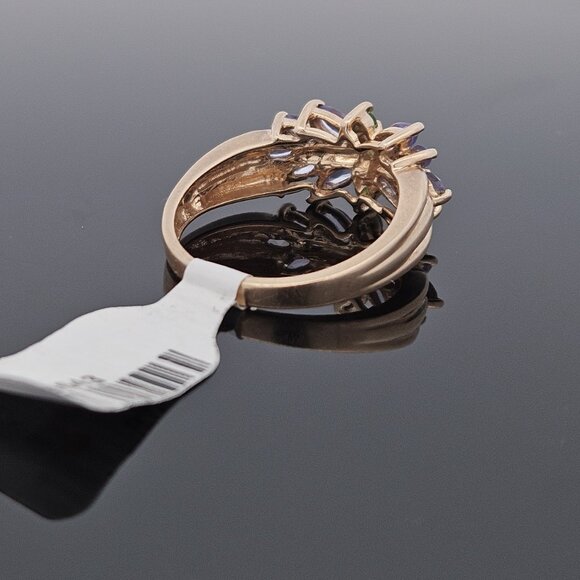 14K Yellow Gold Tanzanite & Emerald Flower Motif Cluster Gemstone Ring Size 8 - Picture 13 of 16